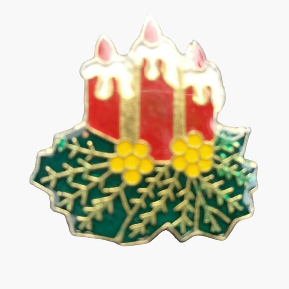 Christmas Candle Pin Brooch Advent Holly Vintage Holiday Jewelry Metal Enamel - Picture 4 of 4